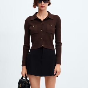 NEW! Mango Brown Ribbed Pockets Knit Polo Collar Long Sleeve Cardigan Sweater